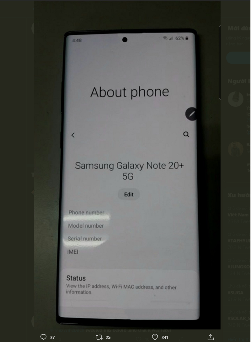 Màn hình được cho là của Galaxy Note 20 Plus 