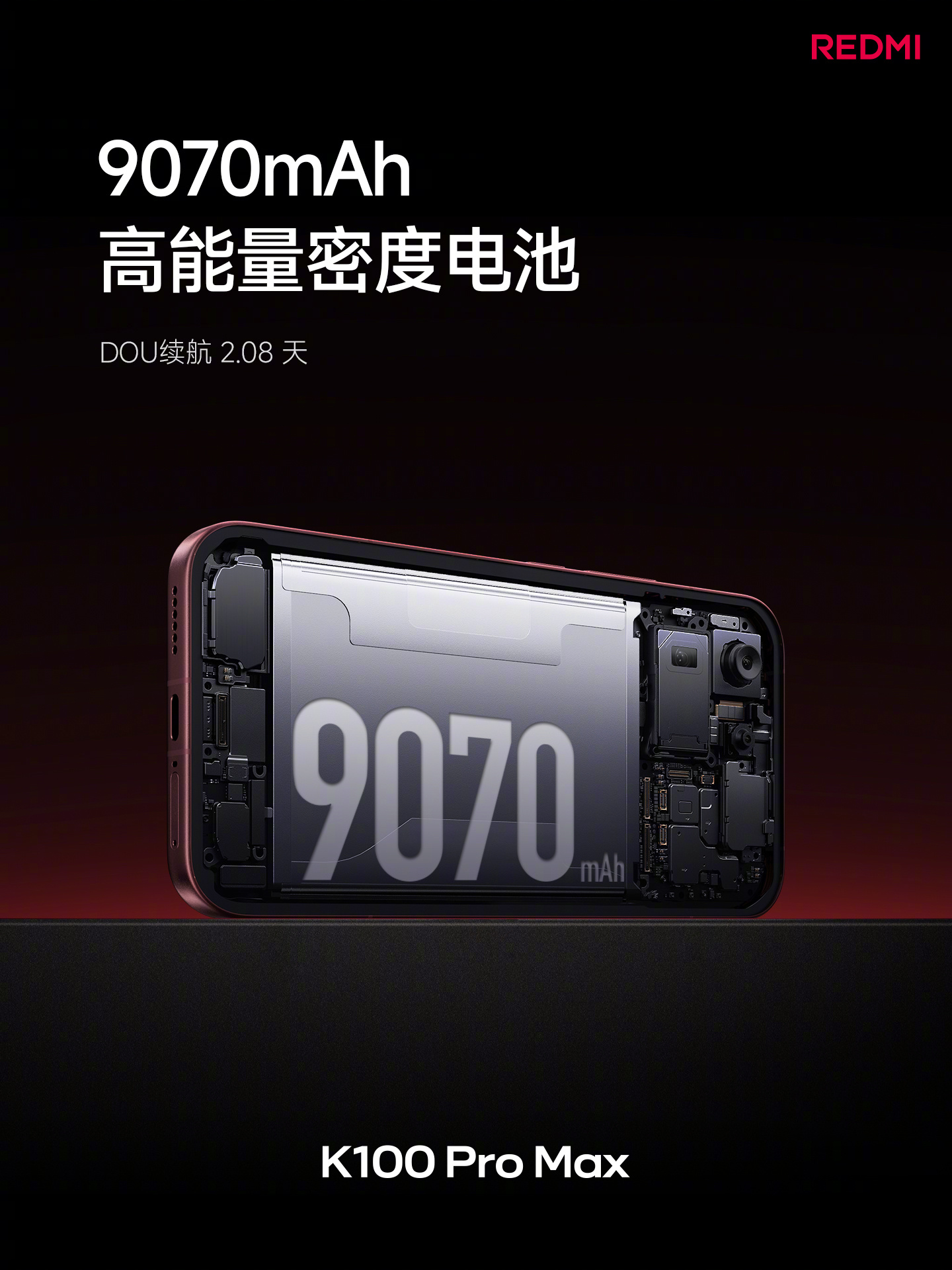 Xiaomi Redmi K100 Pro Max trang bị viên pin dung lượng 9070mAh