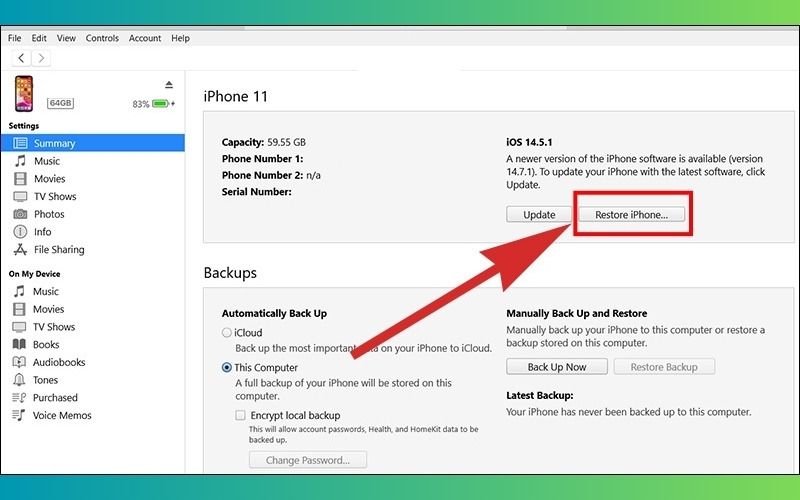Cách reset iPhone trên máy tính bằng iTunes bước 2