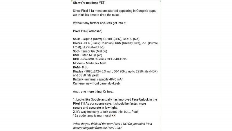 Cấu hình chi tiết của Google Pixel 11a 