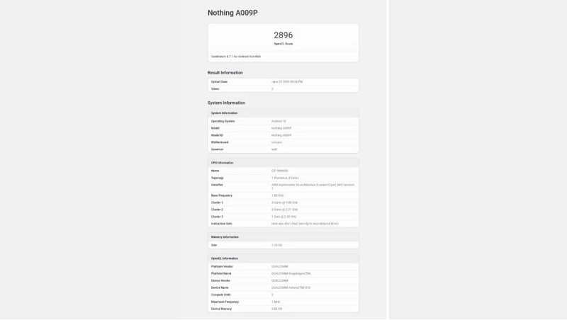 Nothing Phone (4b) đạt 2,896 điểm trên GPU OpenCL