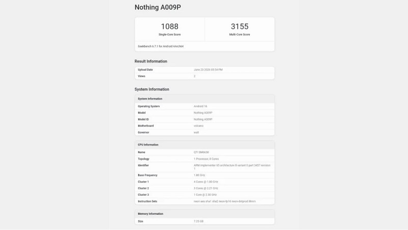 Nothing Phone 4b đạt 1,088 điểm đơn nhân, 3,155 điểm đa nhân