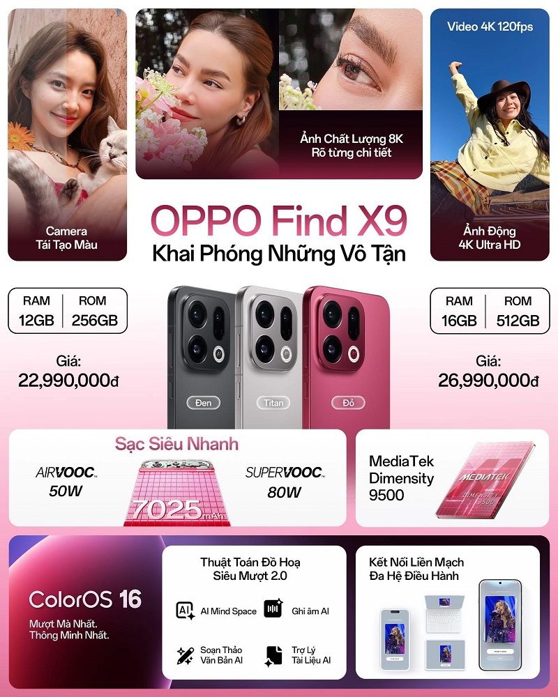 Thông số cấu hình và màu sắc OPPO Find X9