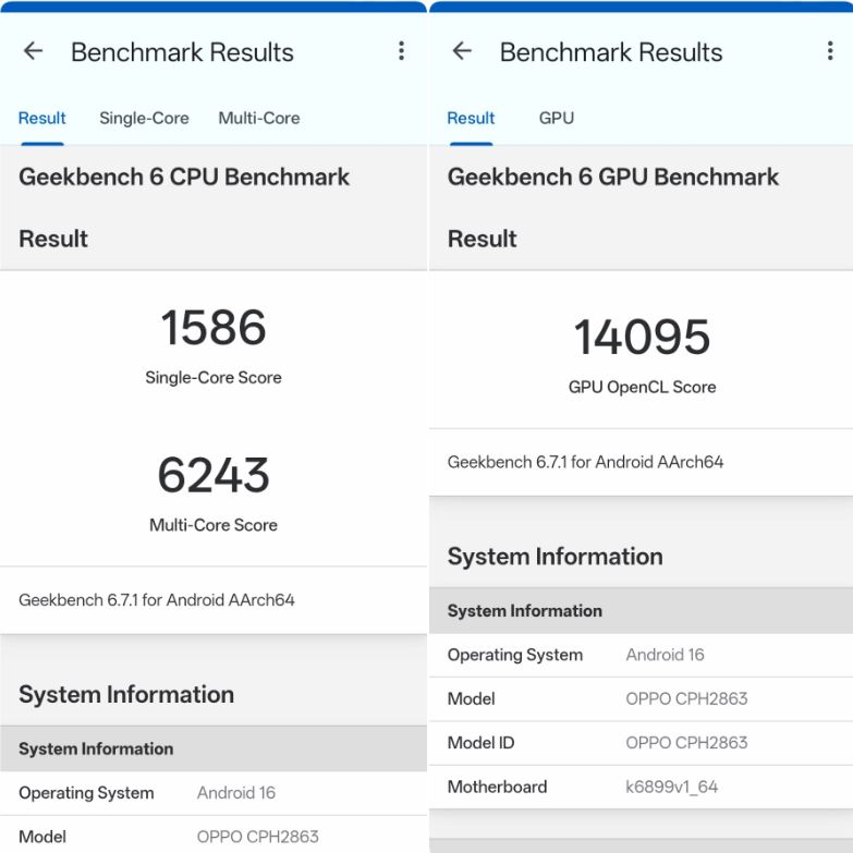 Geekbench OPPO Reno 16 Pro