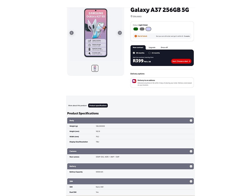 Thông tin Galaxy A37 xuất hiện trên danh sách nhà bán lẻ