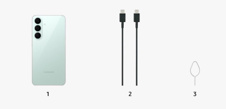 Phụ kiện của Galaxy S26 FE có cáp và que chọc sim