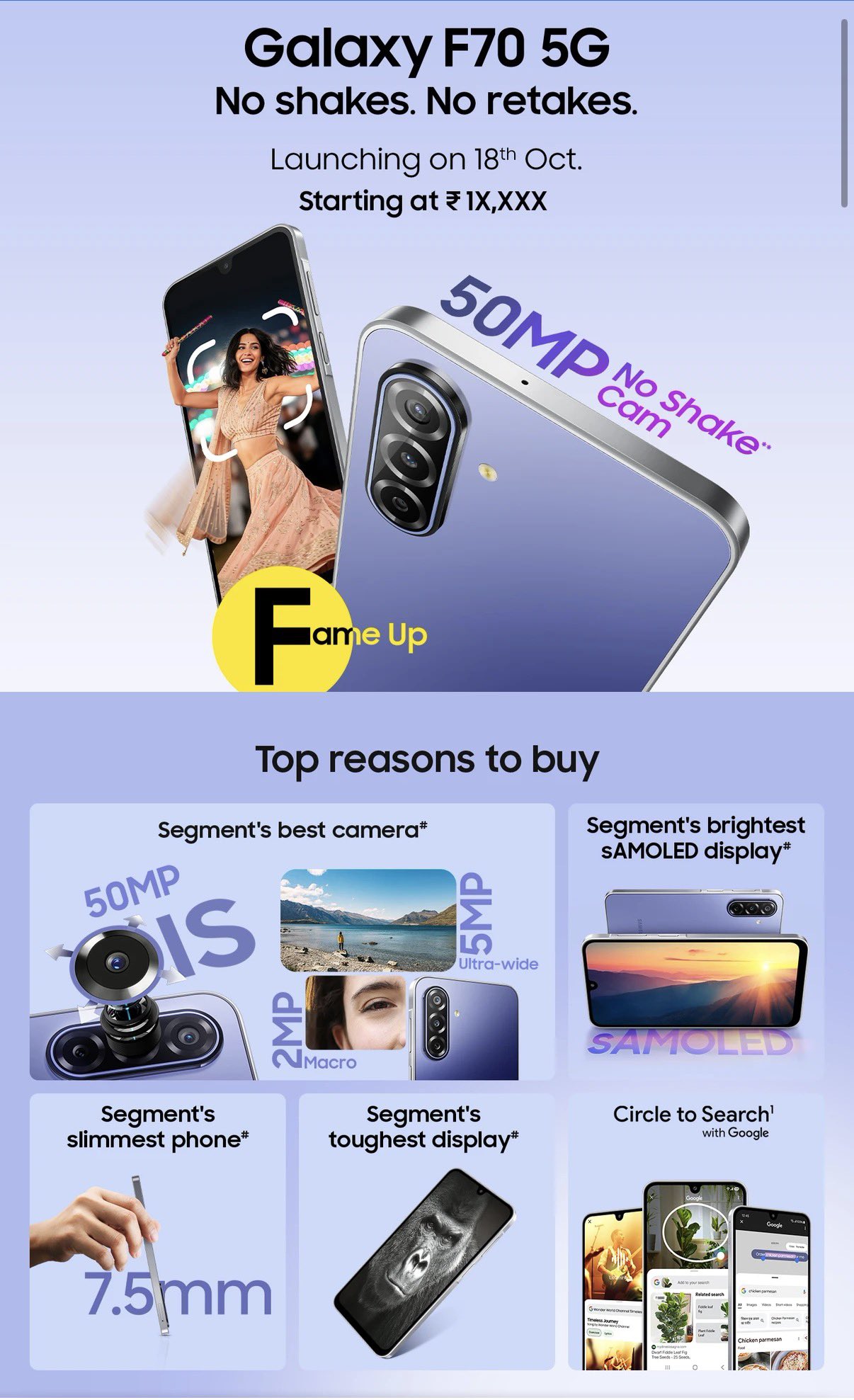 Samsung Galaxy F70 5G trang bị cụm ba camera chính 50MP