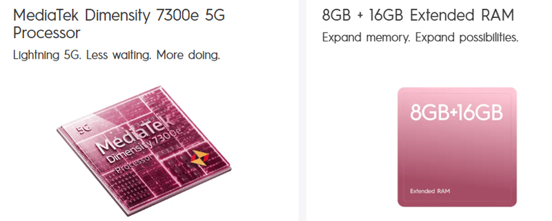 sử dụng vi xử lý MediaTek Dimensity 7300e hỗ trợ mạng 5G