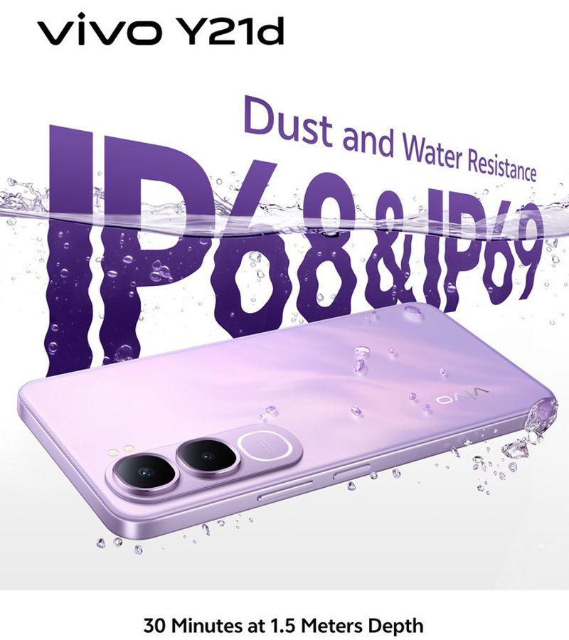 vivo Y21d đạt chuẩn chống bụi nước IP68, IP69 và IP69+