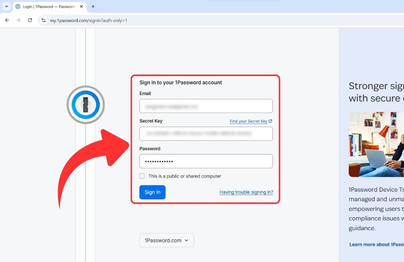 Đăng nhập bằng Master Password và Secret Key