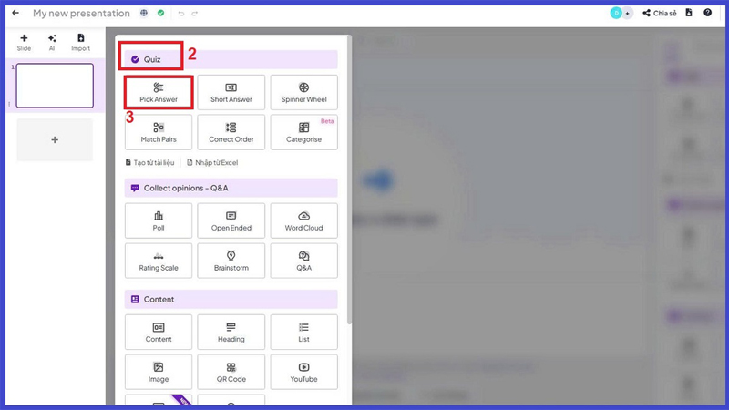 Chọn một trong các kiểu nội dung