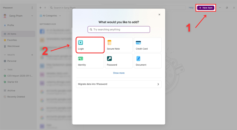  thiết lập một mục mới