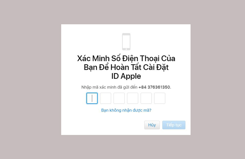 nhập mã xác minh được gửi qua số điện thoại