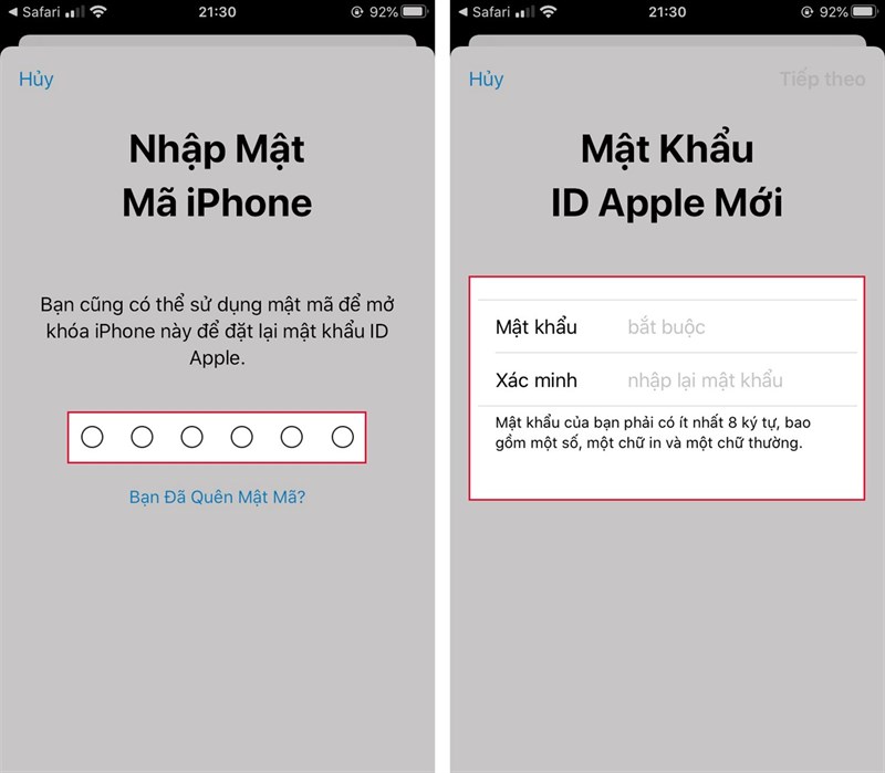Nhập mật khẩu mới vào ô tương ứng