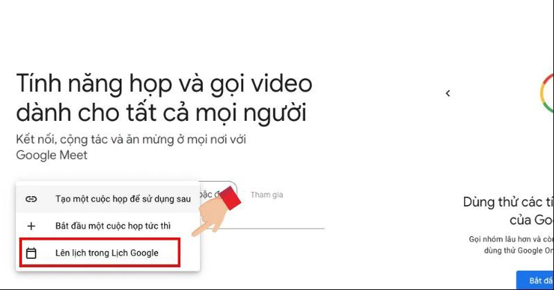 Chọn vào mục Lên lịch trong lịch Google để thiết lập lịch họp