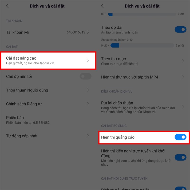cài đặt tắt quảng cáo trên ứng dụng nhạc video