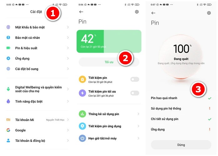 Kiểm tra độ chai pin xiaomi từ cài đặt
