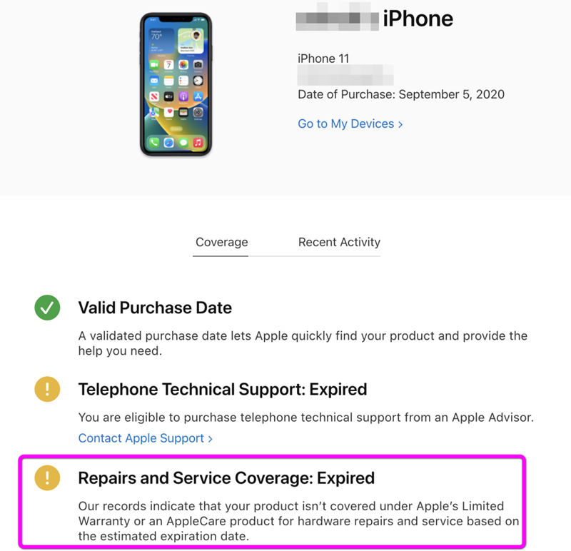 tìm mục Repairs & Service Coverage