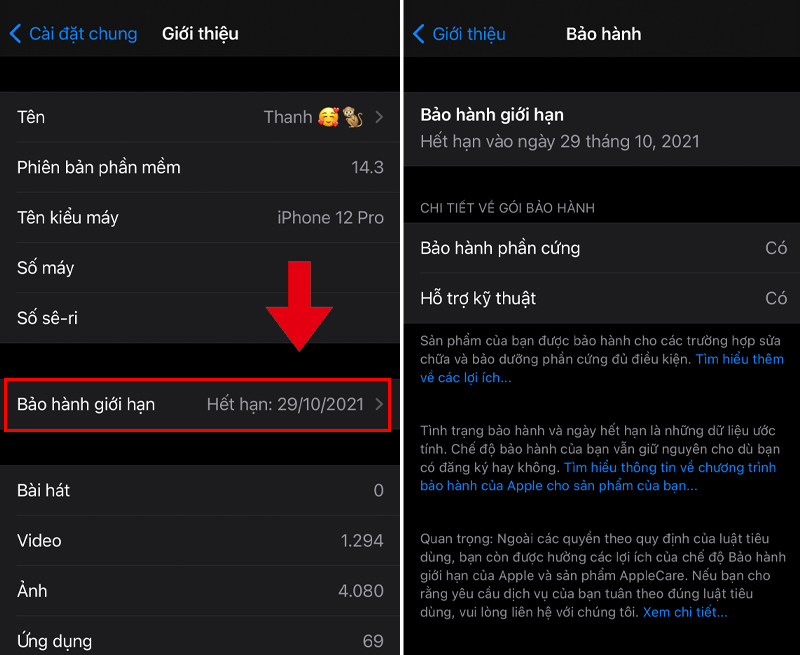 vào cài đặt kiểm tra thời gian bảo hành trên iPhone/iPad