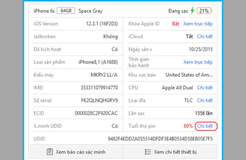 hiển thị chi tiết kiểm tra số lần sạc pin iPhone