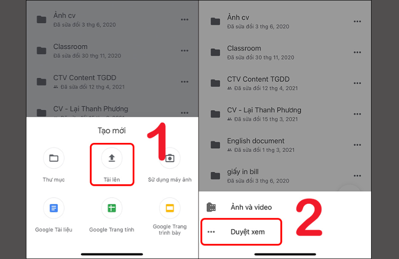 tải lên và duyệt xem dữ liệu trên google drive