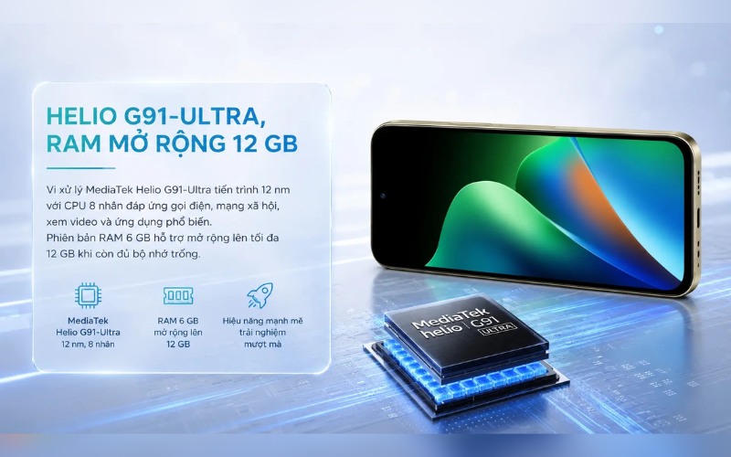 Chip Helio G91 Ultra và bộ nhớ 256GB rộng rãi