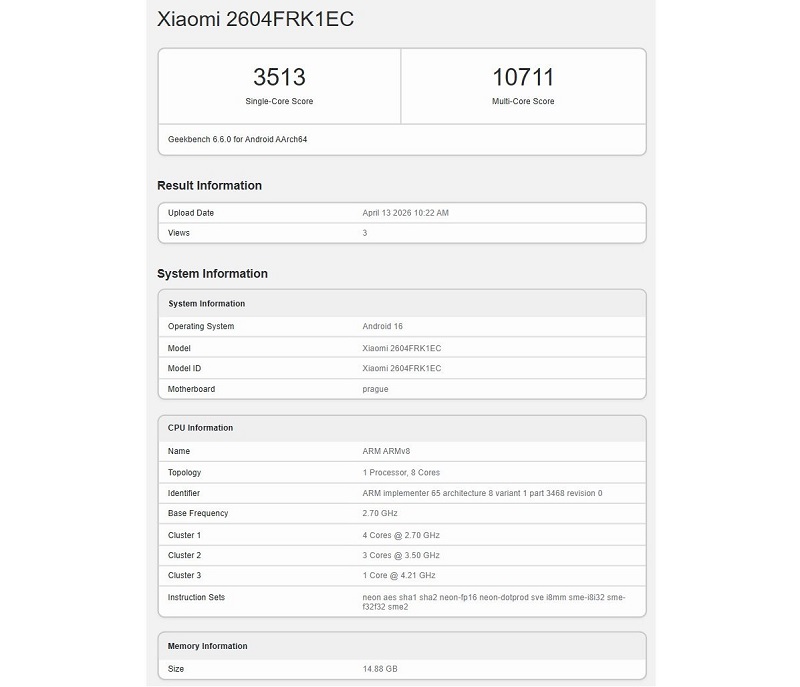 Redmi K90 Max xuất hiện trên Geekbench