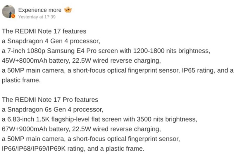 Cấu hình Redmi Note 17 series