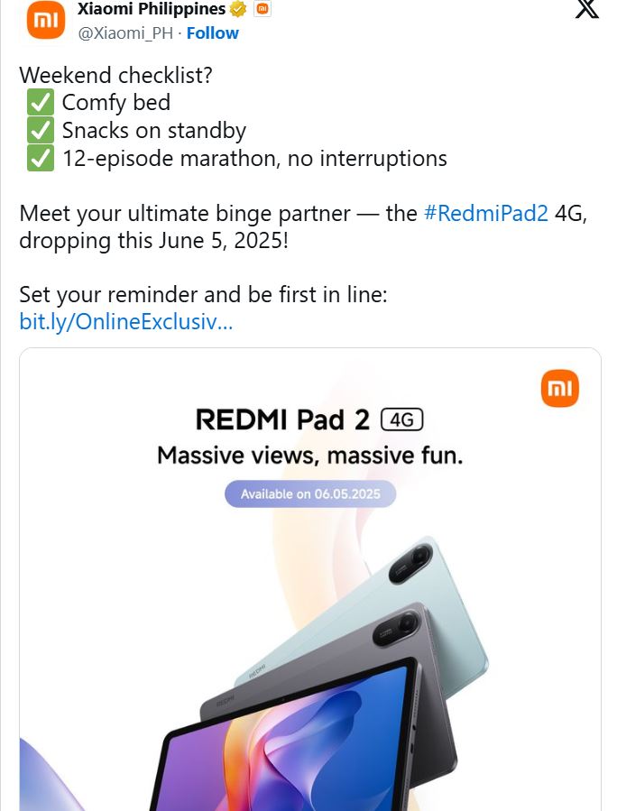 Redmi Pad 2 ra mắt vào ngày 05/06/2025